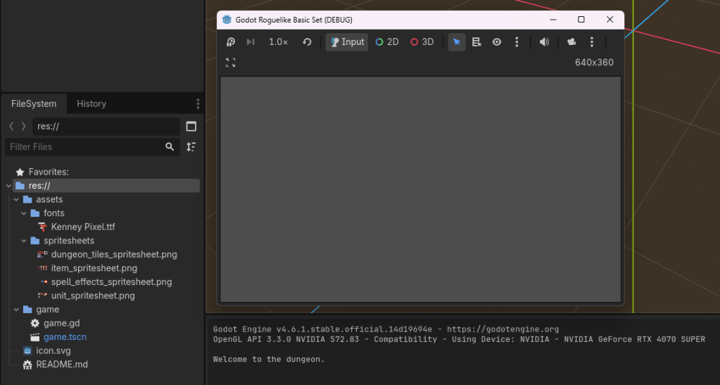 Godot editor window showing the project structure and game running in the foreground.